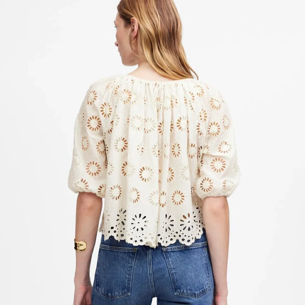 Madewell Embroidered Floral Cutouts Cotton Puff-Sleeve Top Cream Size M NWT
